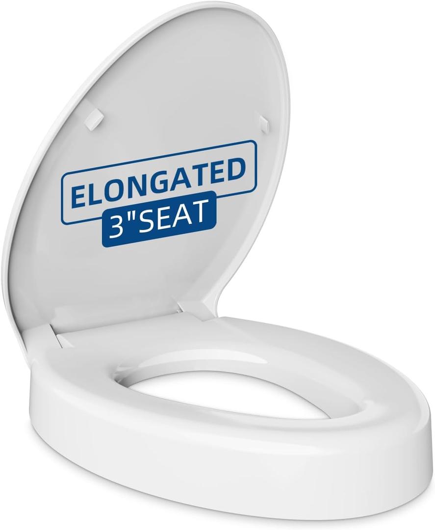 Elevated Toilet seat 3 inch, Elongated Toilet seat risers for Seniors, Slow Close, Heavy Duty, Never Loosen, Raised Toilet seat Elongated Bowl, White(18.5)