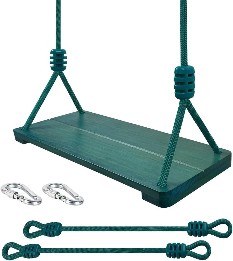 Wooden Swing Seat, Nostalgic Outdoor Wood Swing for Kids Adults, Tree Straps Set Accessories for Backyard Patio Garden Playground (Green)