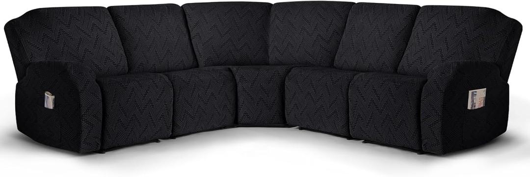 Ruaozz Sectional Sofa Covers Oversized L Shape 5 Seat Recliner Couch Covers - Washable Soft Extra Large Sectional Covers with Pockets (Black)