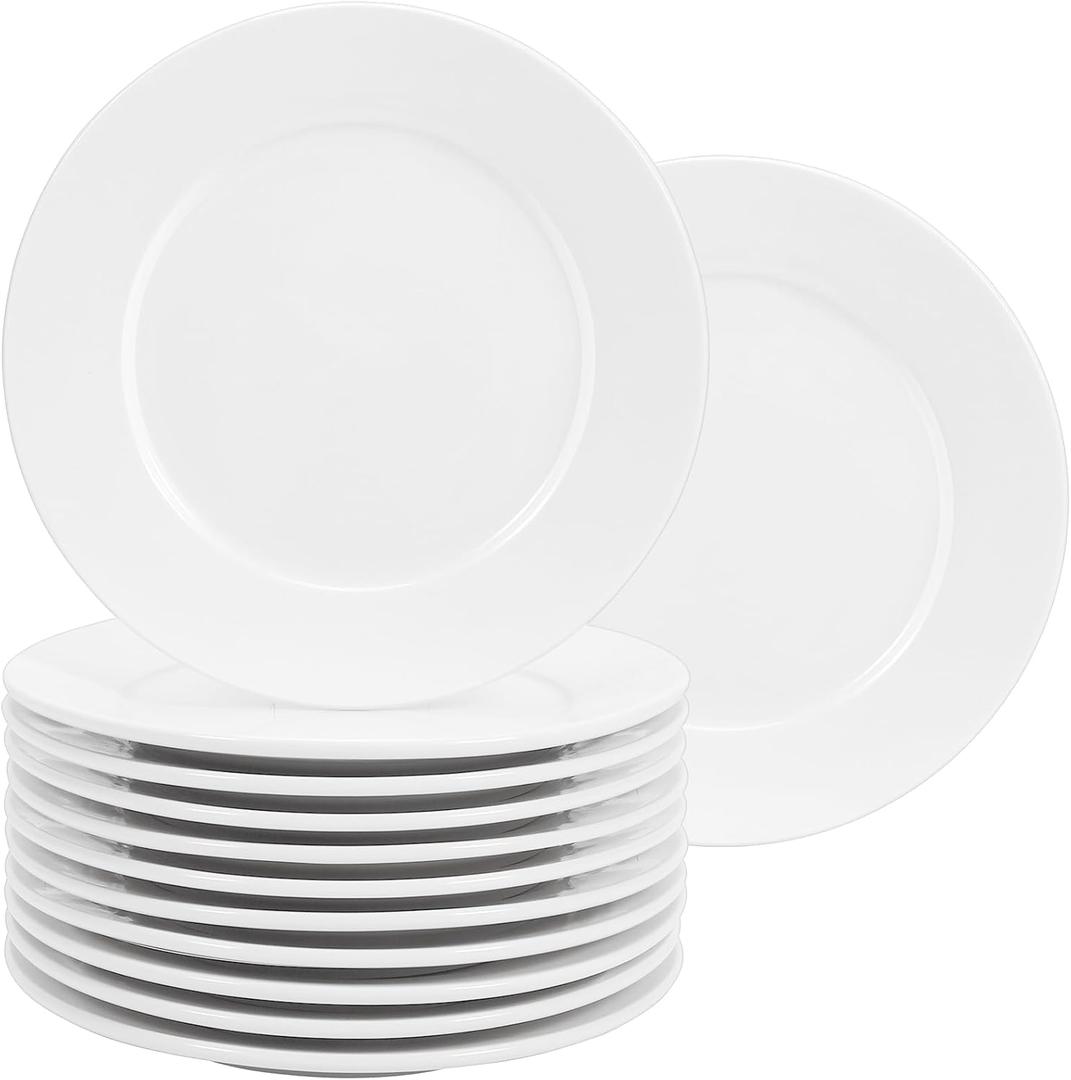 12 Pcs Porcelain Plates, 10 inch White Dinner Plates, Round Ceramic Dessert Plate, Appetizer Salad Plate for Dinner Kitchen Serving, Microwave Oven and Dishwasher Safe