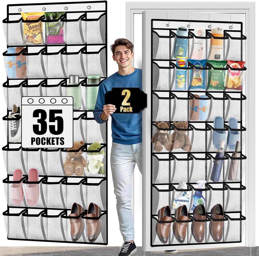 Aheroi 2 Pack 35 Pockets Over Door Shoe Organizer, White, Holds Up to 40 lbs, Mesh Pockets, Foldable, Hanging Shoe Rack