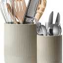 LE TAUCI Utensil Holder for Kitchen Counter, 7.3"+5.4" Fluted Ceramic Utensil Crock Organizer for Countertop, Heavy Large Holder for Spatulas, Spoons, Set of 2, Oatmeal Greige