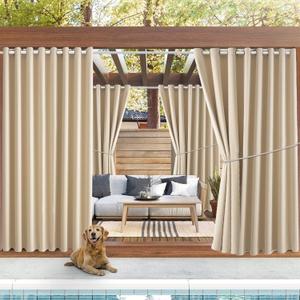 Outdoor Patio Curtain Waterproof Darkening Thermal Insulated Indoor Curtains for Bedroom, Porch, Living Room, Pergola, Cabana, W105 x L120 Extra Wide Room Divider, Beige, Set of 2 Panels