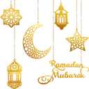 6pcs Ramadan Ornaments, Acrylic Ramadan Kareem Decoration Eid Mubarak Pendant Wind Light Moon Star Shaped Ramadan Decor for Hanging on Walls Windows Trees (Golden)