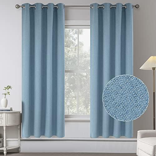Air Blue Complete Blackout Textured Faux Linen Curtain Draperies for Bedroom - Energy Saving Thermal Insulated Anti-Rust Grommet Window Curtains for Living Room (2 Panels,W 52 x L 63 Inch Length)