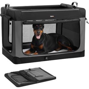 Feandrea Collapsible Dog Crate, 48-Inch Portable Dog Travel Crate for Extra Large Dogs, Oxford Fabric Pet Carrier with 4 Mesh Doors, Handles, Storage Pocket, Water Bottle Holder, Ink Black UPDC022BH01