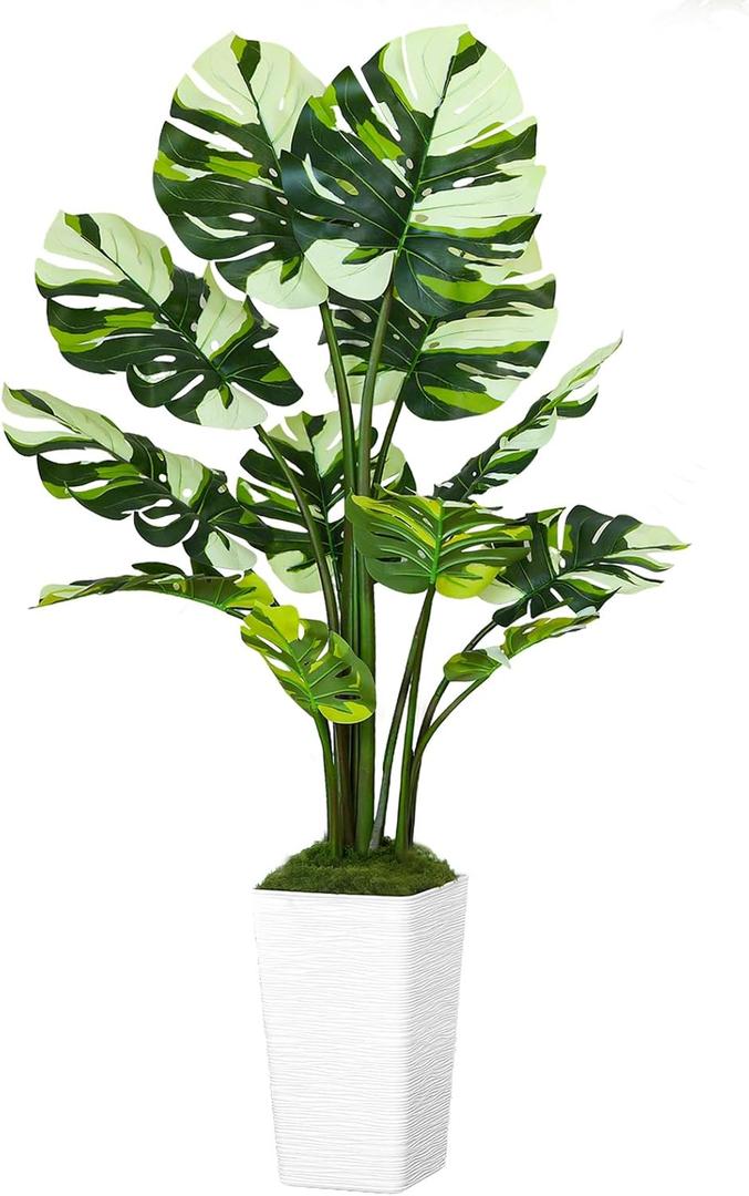 5FT Artificial Monstera Plant with Tall White Planter and Thread Moss, Realistic Faux Floor Tree with Large White Leaves for Indoor Outdoor Office Porch Living Room Corner Home Decor