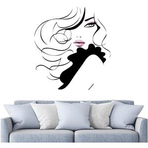 Sexy Girl Beauty Long Hair Face Makeup Salon Wall Stickers Home Decor Living Room Removable Vinyl Barbershop Wall Decal A536 (Black Girl + Pink Lips), 63cm X 56cm