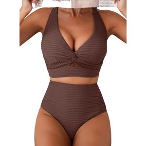 Herseas Women's Sexy 2 Piece Bikini Sets Textured 2026 Twist Front V Neck Swim Suit High Waisted Bikini Bottom Tummy Control Bathing Suits Slimming Resort Wear Dark Brown, X-Large