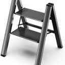 2 Step Ladder, Aluminum Folding 2 Step Stool with Anti-Slip Sturdy and Wide Pedal, Lightweight Portable Stepladder for Home and Kitchen Use Space Saving, Black, 330 lbs