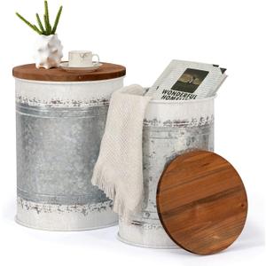 Poofzy Farmhouse End Tables Set of 2, Galvanized Metal Decor Side Table with Wood Lid, Coffee Table Storage Stool for Living Room (White), 14.3 inches x 18.6 inches x 13.7 inches