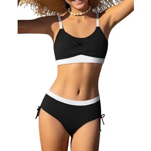 Gaupafmb Girls Swimsuit (Size Up) 2PCS Color Block Shoulder Straps Top with Elastic Ruching Swim Bikini Suits for Girls 9-10 Years Old