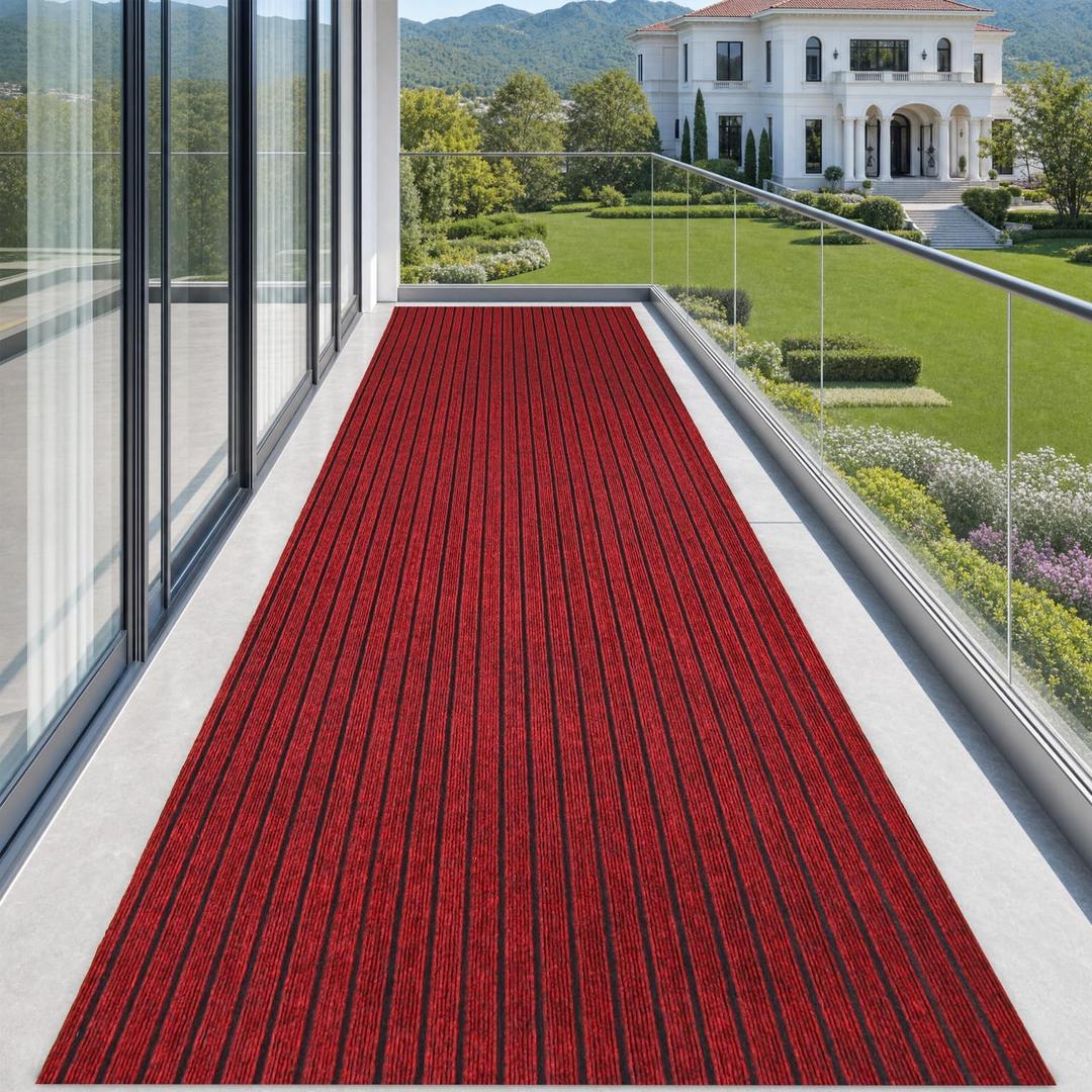 Runner Rugs 3x15 ft Indoor Outdoor Carpet Runner，Red Non Slip Stripe Runner Rug with Anti-Slip Rubber Backing Waterproof Low Profile Area Runner for Hallway, Entryway, Kitchen, Patio, Garage, Laundry