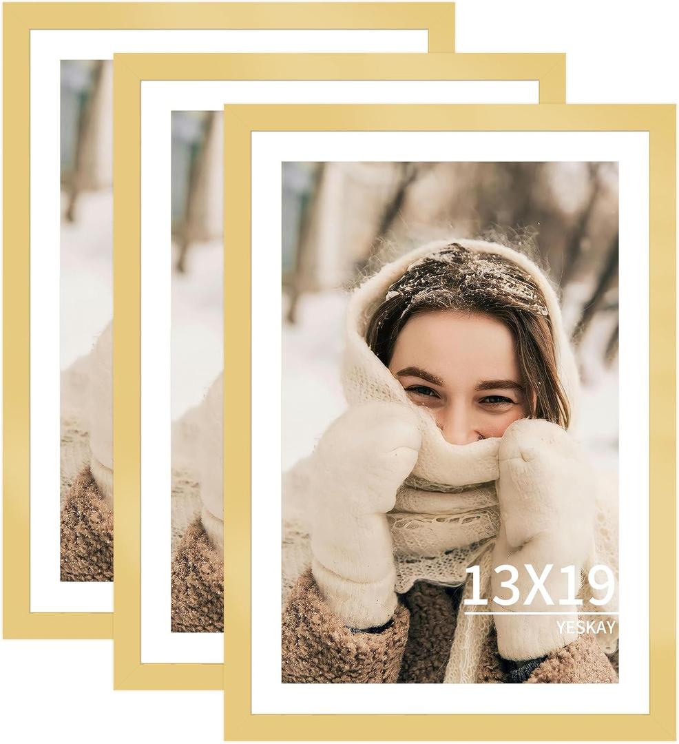 YESKAY 13x19 Picture Frame 3 Pack - Gold Poster Frame Display Pictures 11x17 with Mat or 13 x 19 Without Mat for Wall Hanging Horizontal and Vertical