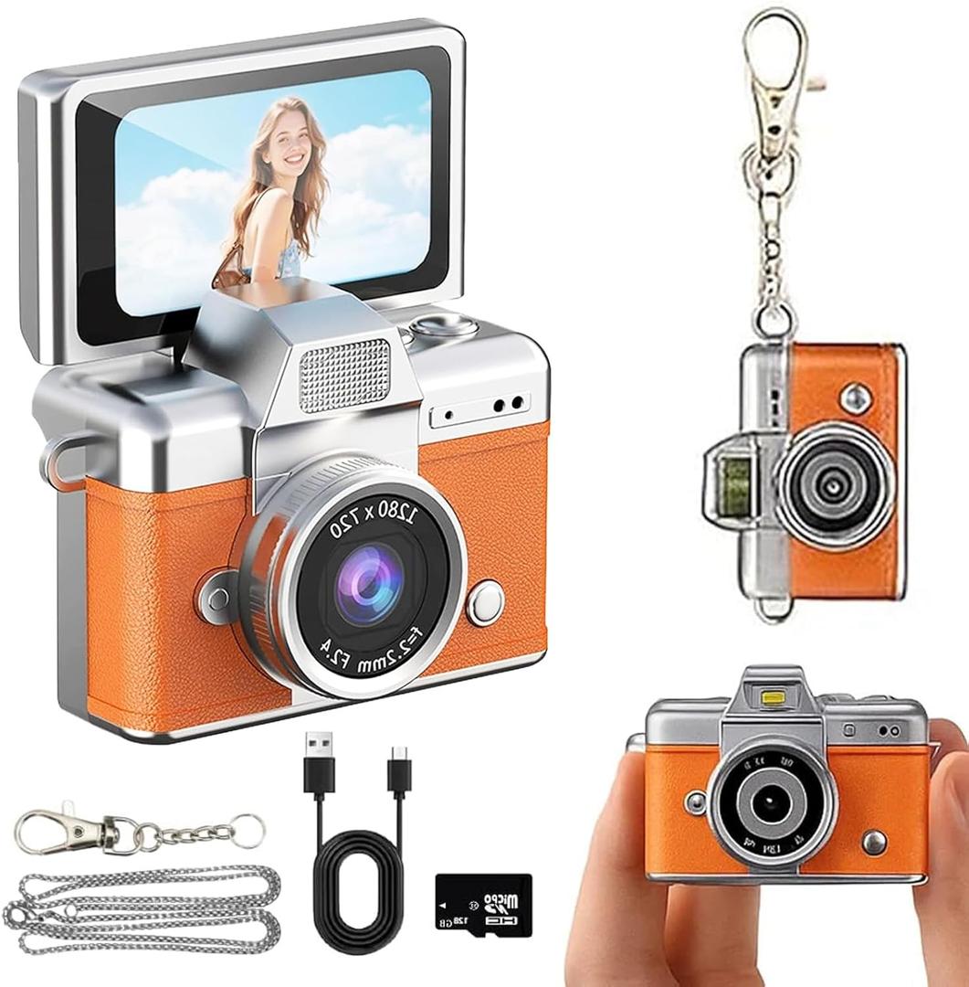 1.47" LCD Flip Screen Retro Keychain Camera, 32GB Card, Built-in Flash & Strap, Portable Camera for Travel, Concerts, Students