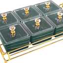 YA JU Ceramic Bowls and with Lid Gold Basket Trays, 6 Removable Small Bowls Condiment Trays Nut Serving Set for Snacks, Fruits, Candy and Condiments - Great for Parties, Holiday Gifts, Green