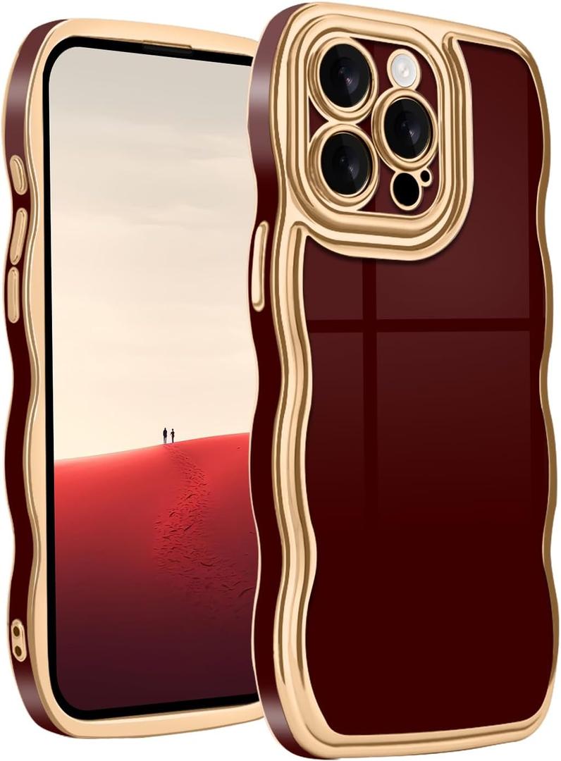 Teageo Wavy Phone Case for iPhone 13 Pro Case for Women Girls, Cute Girly Design Wavy Frame Soft TPU Silicone Shockproof Gold Electroplate Aesthetic Protective for iPhone 13 Pro, Burgundy