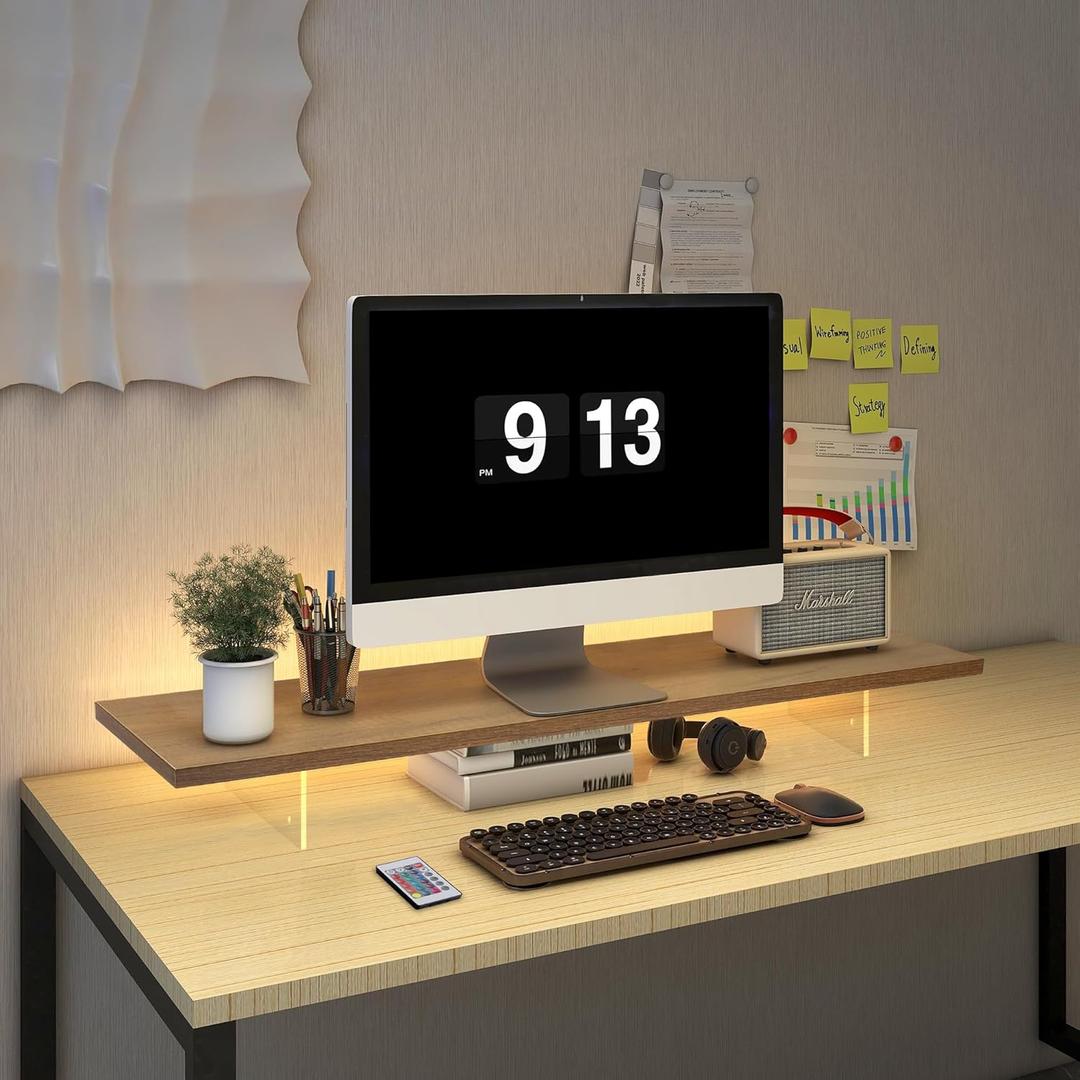 Monitor Stand Riser,Wood & Acrylic Computer Monitor Stand with LED Strip Light,Desk Accessories Desktop Organizer Stand for Computer,Laptop,Printer,PC & TV Screen, Maple Color, 31.5 x 7.9 x 5 inches