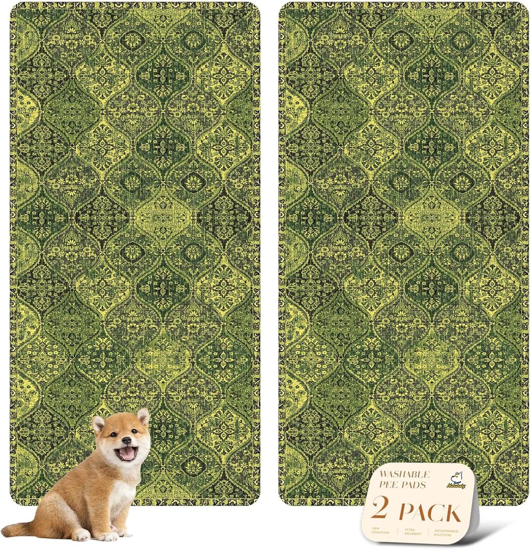 nunubaby Washable Pee Pads for Dogs, Stylish, Non-Slip and Leak-Proof Pee Pads. Reusable Potty Pads for Dogs for Crates and Floors.(Green/Multi, 36" x72" )