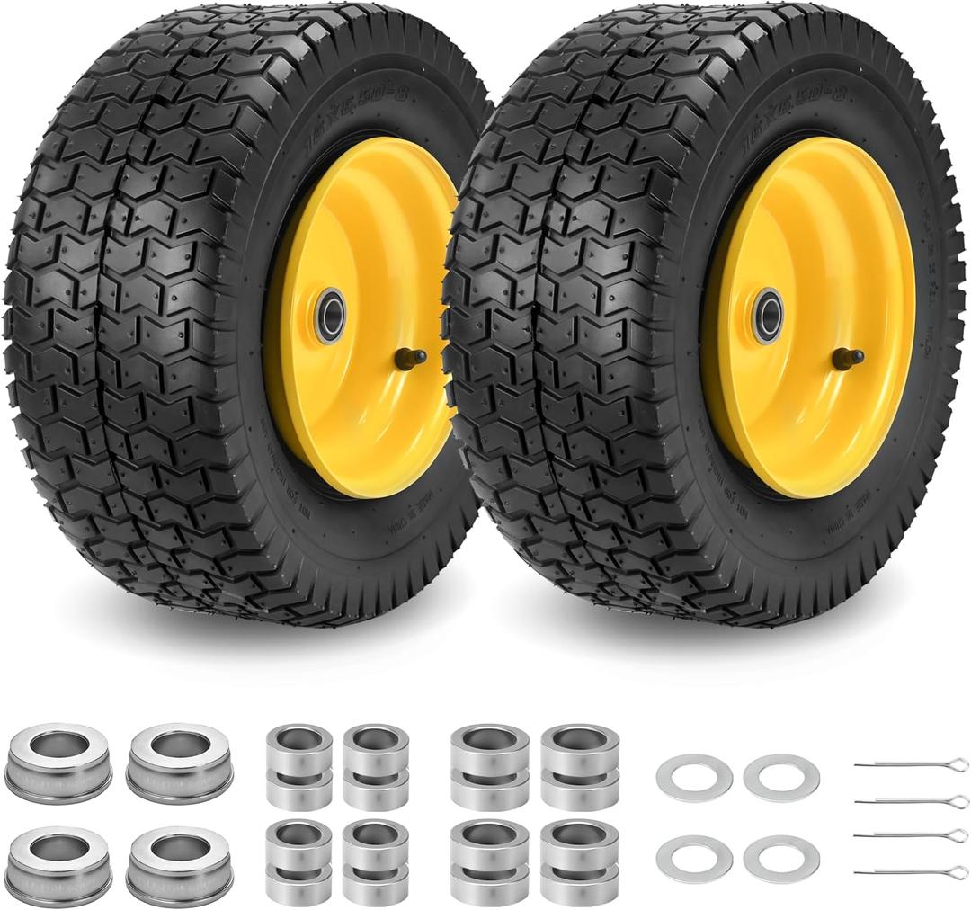 2 Pcs 16x6.50-8 Tubeless Lawn Mower Tire and Wheel, 16x6.5x8 Tires with 3" Offset Hub, 3/4" Bearing & Extra 1" Bushing, Replacement for Riding Mowers and Lawn Tractors Front Tire, 4 Ply