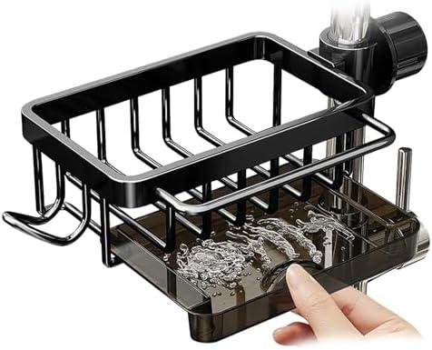 LACEEZEN Sponge Holder for Kitchen Sink Over Faucet for Dia 0.7-1.1inch Round Pipe, Adjustable Sink Organizer Hanging Faucet Drain Rack for Shower Soap, Brush, Dishcloth, Left
