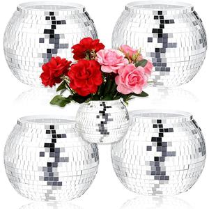 4 Pcs Disco Ball Vase 4" X 4.7" Disco Ball Vases for Centerpieces Silver Mirror Disco Ball Planter for Wedding Table Centerpieces Birthday Party Decoration