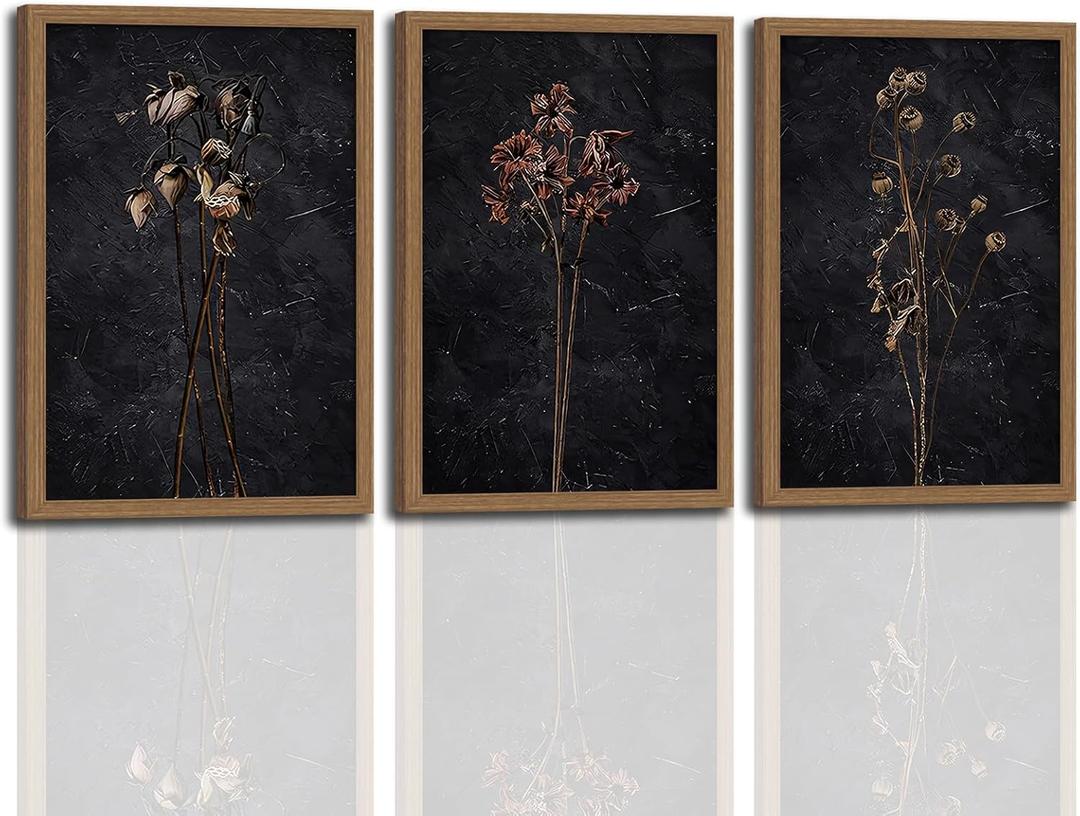 3Pcs Framed Moody Dried Flower Canvas Wall Art For Bedroom Dark Vintage Floral Framed Wall decor Rustic Aesthetic Botanical Art Prints for Living Room Bathroom,Bedroom Dining Room 16x24 in