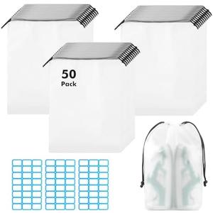 50 Packs Translucent Shoe Bags for Travel 15.7" x 11.8" Portable Drawstring Bags Bulk with label Stickers Waterproof Travel Shoe Bags for Packing Plastic Dustproof Shoe Storage Bags for Men and Women