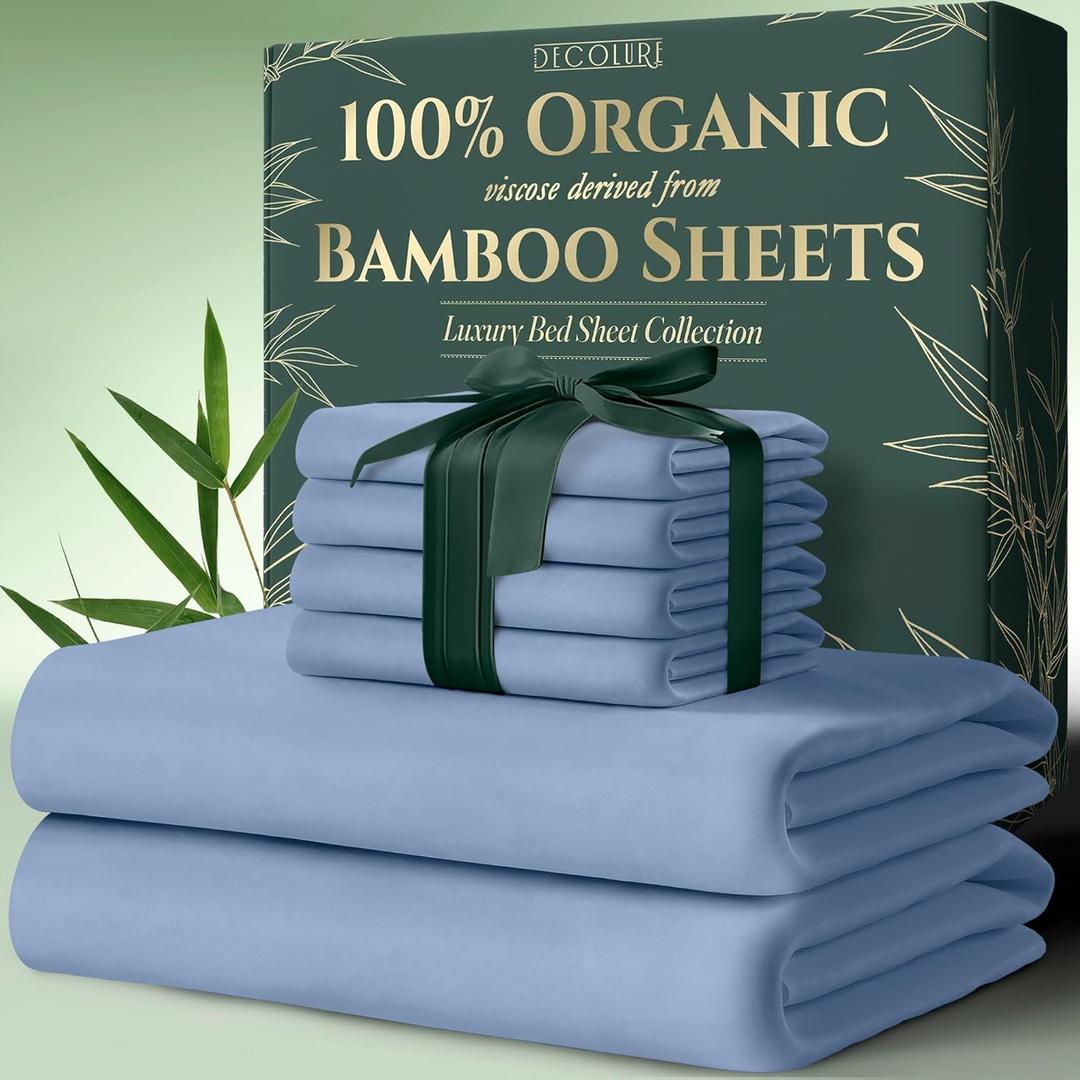DECOLURE 100% Organic Viscose Derived from Bamboo Sheets Queen Size 6pcs - Ultra Soft & Luxuriously Cooling, 17" Deep Pocket, Double Stitching, Perfect for Hot Sleepers - Queen Bed Sheets (Light Blue)