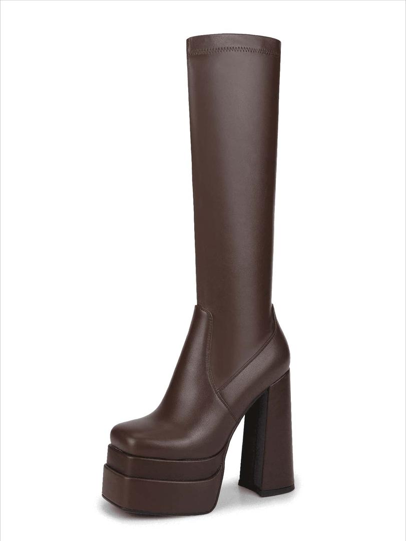 wetkiss Platform Knee High Boots Women Chunky High Heel Black Boots for Women Gogo Boot with Side Zipper Stretchy Boot Not for Bigger Wide Calf 6