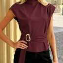 PRETTYGARDEN Women Blouses Spring Dressy Cap Sleeve Mock Neck Work Shirts Buckle Tunic Summer Business Casual Tops 2026 (L)