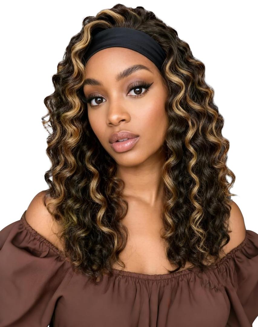 QUEENTAS 16 Inch Deep Wave Curly Headband Wig, #4/27 Brown Honey Blonde Highlight for Black Women, Glueless Wear & Go Shoulder Length Bob Wig, Synthetic Beginner-Friendly Daily Wear