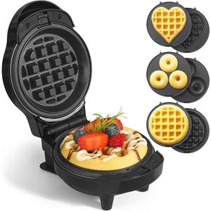 Mini Waffles Maker with 6 Removable Plates, 3 in 1 Small Waffle Maker Mini- Waffle, Heart Waffle, Donut, 4.5" Non Stick Waffle Iron for Kids and Families, Black