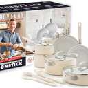 GreenPan x Bobby Flay 13 Piece Nonstick Cookware Pots and Pans Set, PFAS-Free Diamond Ceramic, Induction Suitable, Easy Clean Dishwasher & Oven Safe, Stay-Cool Silicone Handles, Glass Lids, Cream