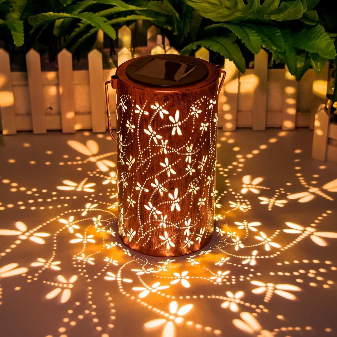 DIBIEECN Birthday Gifts for Women Mom Grandma Wife, Solar Lanterns Outdoor Waterproof, Metal Hanging Lights Garden Decor, LED Decorative Lantern for Patio Porch Backyard,Dragonfly, 1 Pack
