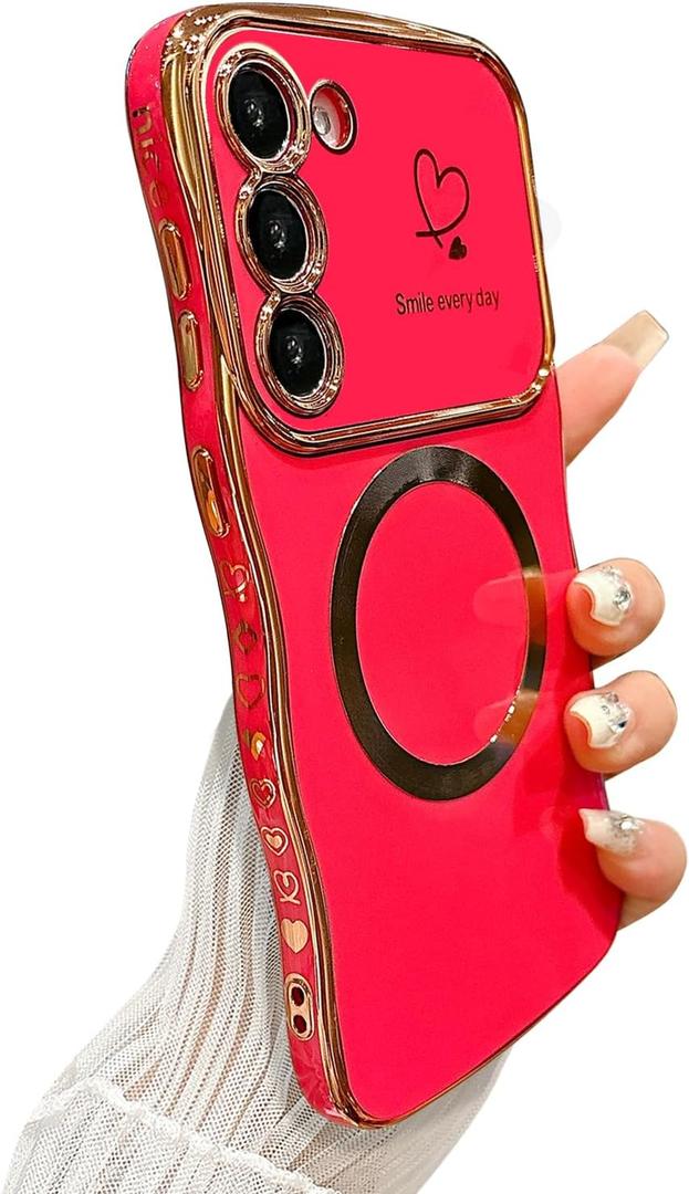 ZONRW for Samsung Galaxy S23 Case Magnetic,for Women Girls Soft Cute Wave Frame Curly Shape Love Heart Luxury Plating Phone Case Compatible with MagSafe Shockproof Back Cover 6.1", Hot Pink