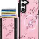 Shorogyt for Samsung Galaxy S25 Cute Kawaii Leather Phone Case - Compatible with Magsafe Wallet Magnetic Credit Card Holder Fashion Peach Blossom Design Phone Cover for Women Girls, Fits 7 Cards