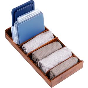 KitchenEdge Acacia Kitchen Towel and Storage Organizer, Perfect for Drawers, Cabinets, Pantry, 5 Adjustable Wall Inserts, Non-Slip Feet, Organize Containers, Food-Safe Finish