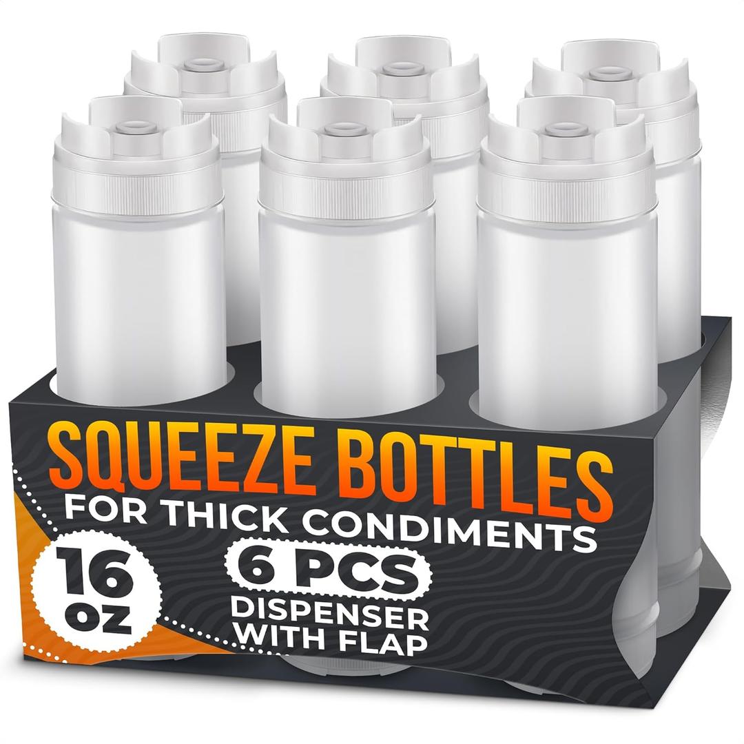 Set of 6 Inverted Condiment Squeeze Bottles 16 oz  Upgraded Design with Added Sealing Gaskets, Self-Closing Valve, Easy-to-Fill Clear Bottles for Sauces, Dressings, Ketchup, Mustard for Everyday Use