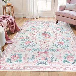 Collive Pink Rugs for Bedroom Girls, 4x6 Floral Washable Area Rug Non Slip, Soft Indoor Decor Elegant Carpet for Kids Room Nursery Living Room Dining Room (Pink 4' x 6') (4' x 6' (Rectangular), Pink / Multi)