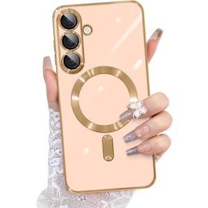 OOK Magnatic Case for Samsung Galaxy S25 Plus [Compatible with MagSafe] Full Camera Lens Protector Gold Electroplate Edge Soft TPU Shockproof Protective Phone Case for Women Girls - Pink