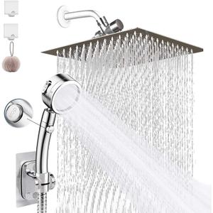 Shower Head, 8" High Pressure Rainfall Stainless Steel Shower Head / 3 Settings On/Off Handshower Combo with Shower Holder and 87" Hose (Chrome)
