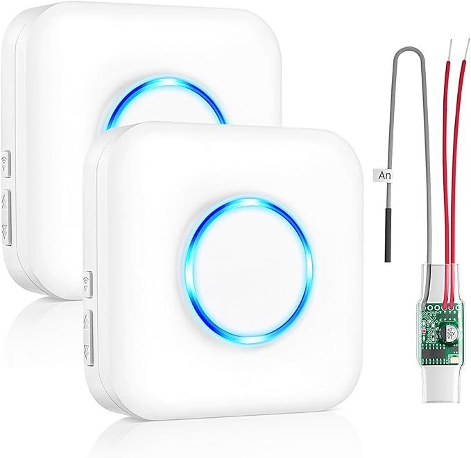 Wireless Doorbell Extender with Receiver Connects to Existing Hardwired Doorbell into Wireless Door Bell with 656 FT Range, 58 Chimes and 5 Volume Levels for Garage/Basement (1 Extender 2 Receiver）