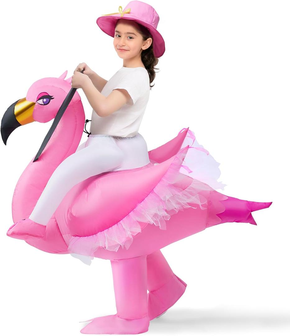 Spooktacular Creations Kids Inflatable Costume, Pink Riding an Elegant Flamingo, Halloween Ride-on Flamingo Costumes, Funny Blow Up Inflatable Suit for Girls, (Pink, M)