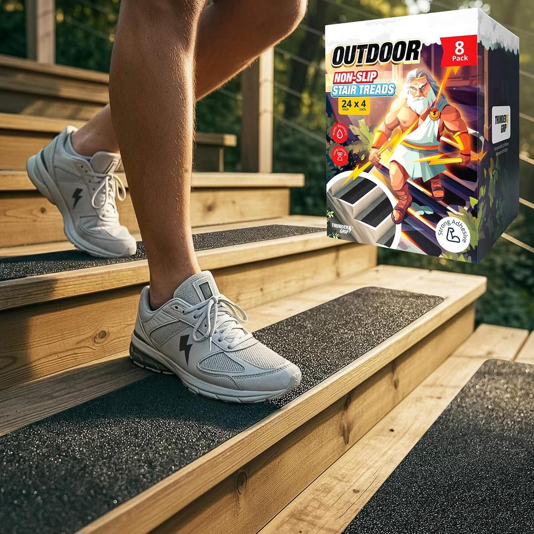 Thunder Grip Outdoor Stair Treads Non Slip 24" x 4" - 8-Pack Weather Resistant Exterior Grip Tape for Wooden Steps - Anti Skid Strips - Waterproof 80-Grit Adhesive Treads