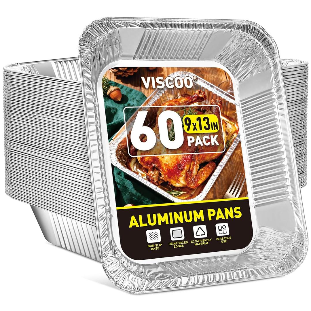 VISCOO 60 Pack Aluminum Pans - 9x13 Inch Disposable Foil Pans Baking Aluminum Trays, Food Grade Heavy Duty Tin Foil Pans for Baking, Roasting, Cooking, Meal Prep and Freezer, Steam Tables