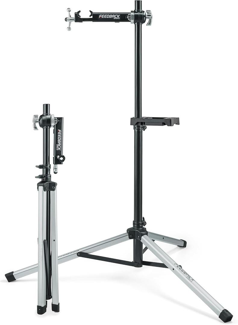 Feedback Sports Sport Mechanic 2.0 Bike Repair Stand With Tool Tray | Strong, lightweight aluminum/steel hybrid frame with spinner knob clamp for stable support; Compact Tool Tray included.