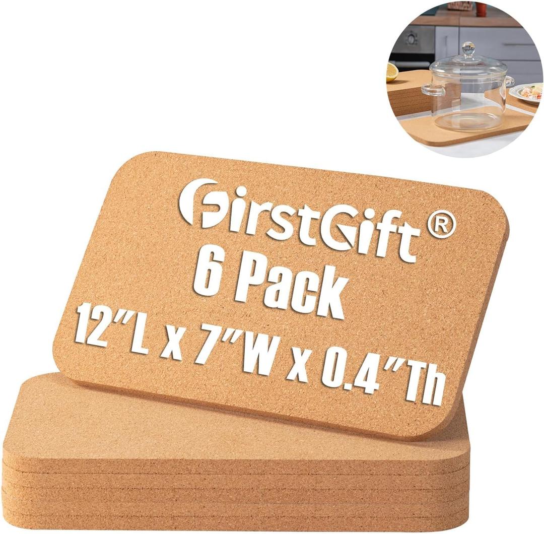 Rectangle Cork Trivets Set - 6 Pack, 12" x 7" x 0.4" Thick, Heat-Resistant Cork Hot Pads for Countertop, Table, and Kitchen, Perfect for Hot Pots and Pans