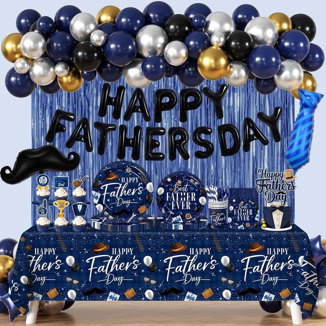 Fathers Day Decorations,230Pcs Happy Fathers Day Decorations- Best Father Ever Paper Plates and Napkins,Cups,Cake Topper,Balloons Arch,Decoracion Para El Dia Del Padre for Fathers Day Party Supplies