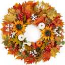 Fall Wreath for Front Door, 22-24" Autumn Wreath with Sunflower, Pumpkin, Berry. Artificial Home Decorations for Indoor Outdoor Window Wall Porch,UV Resistant Seasonal Decor for Thanksgiving Halloween